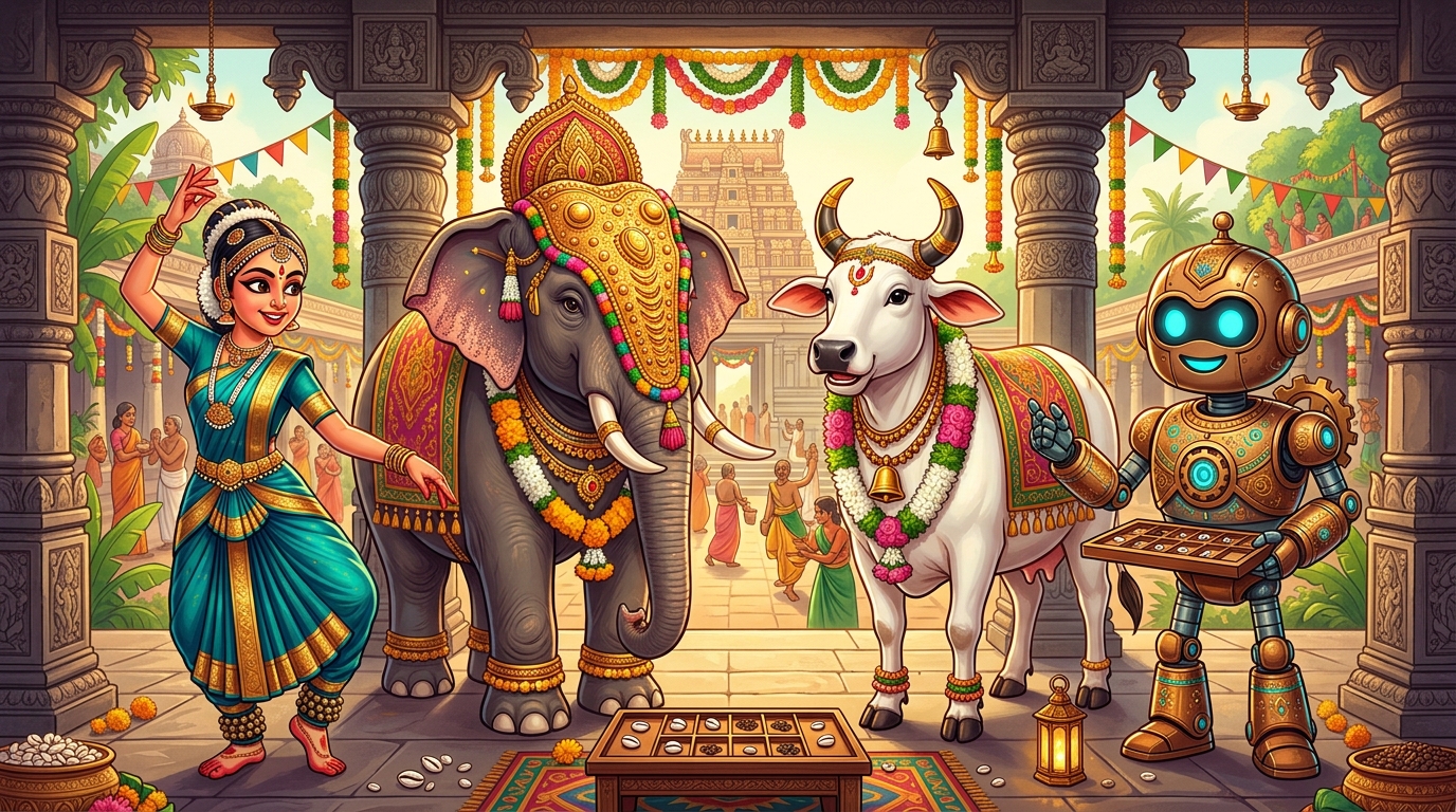 Pallanguzhi Celebratory Mascots: Bharatanatyam Dancer, Elephant, Sacred Cow, and Clockwork Robot